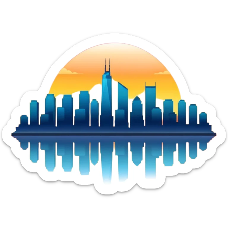 sunset emoji with a city skyline, vibrant colors, simple and clear sticker
