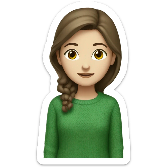 White girl with brown hair and brown eyes in a mosque green sweater sticker