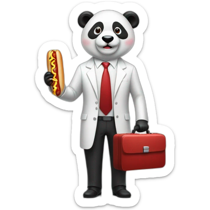 A professor with white suit and red tie and a panda face eating a hotdog and holding a black suitcase sticker