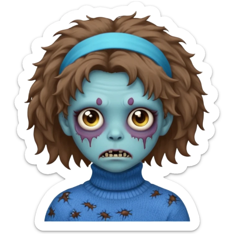 brown fluffy haired blue zombie with turtleneck sweater and hair band sticker