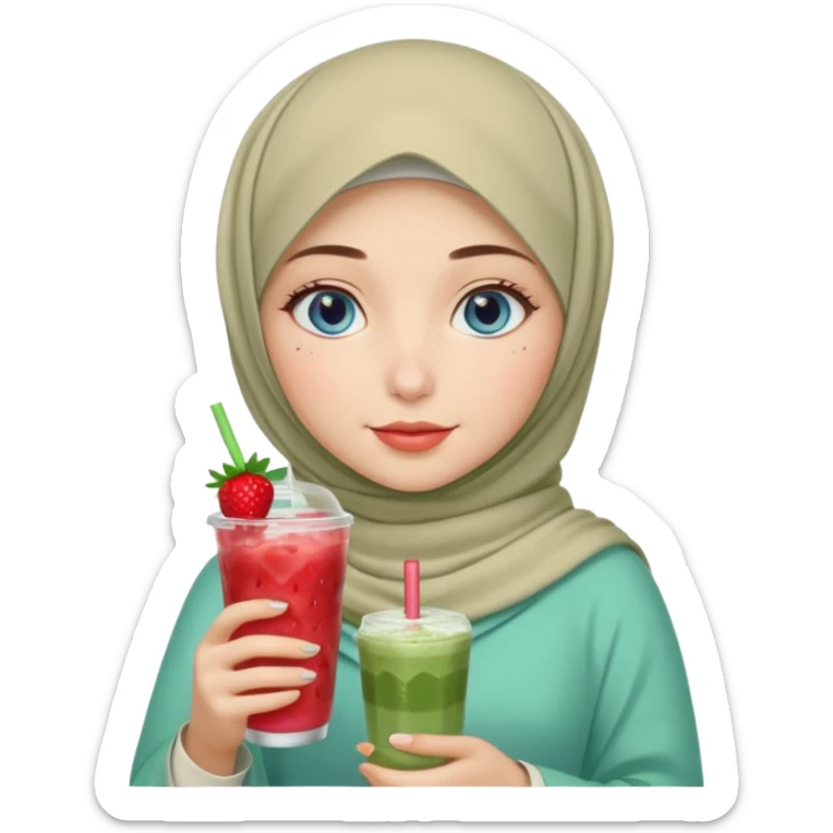 Turkish beautiful finish Konya girl blue eyes with beige and light green hijab islamic dress and had on her hand strawberry Matcha drink sticker