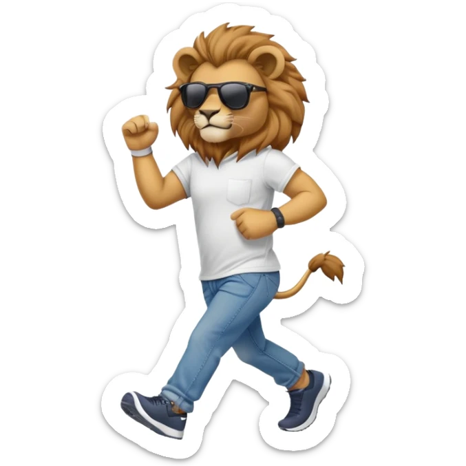 friendly anthropomorphised lion in jeans and a t-shirt, wearing dark sunglasses and a hat, jogging upright in standard pose sticker