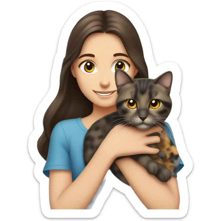 blue-eyed brunette girl holds gray yellow-eyed tortoiseshell cat in her arms sticker