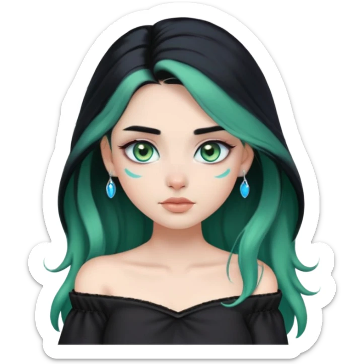 a soft, dolllike emoji girl with light sage green skin and big green-blue eyes, long black hair that swoops gently at the ends, a tiny silver nose stud and a eyebrow piercing on the left side. off the shoulder black top that shows her collarbones sticker