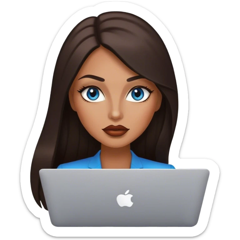 Glamours tanned very beautiful girl with pump lips and dark chocolate straight smooth long hair, blue-grey eyes with MacBook sticker
