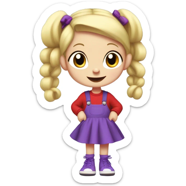 A little blonde girl with pigtails and little purple bows wearing a red long-sleeved shirt and purple overalls skirt with blue tights with green polka dots and purple sneakers, full body, rugrats sticker