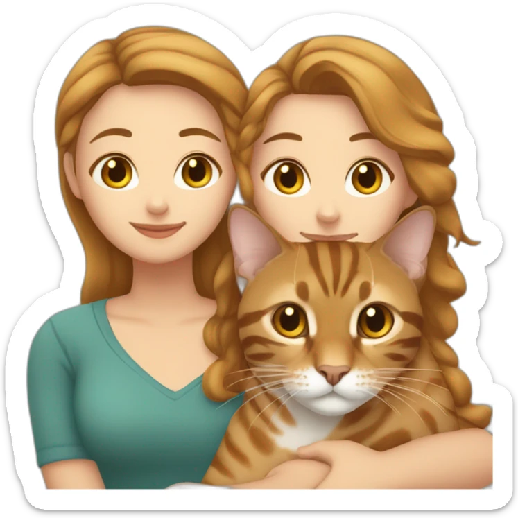 One white woman with short brown hair with a white woman with light brown shoulder long hair hugging a tabby brown bengal cat sticker