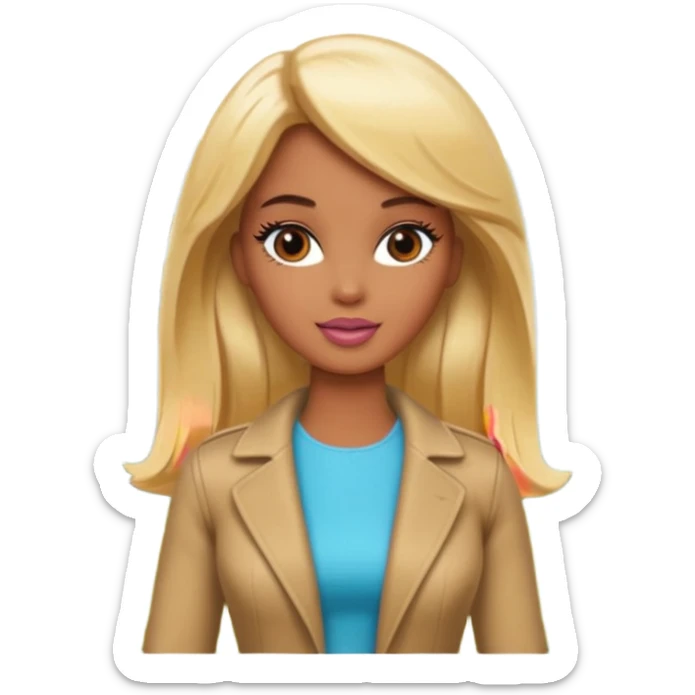 Brown skin blonde hair barbie in front of the woodd sticker