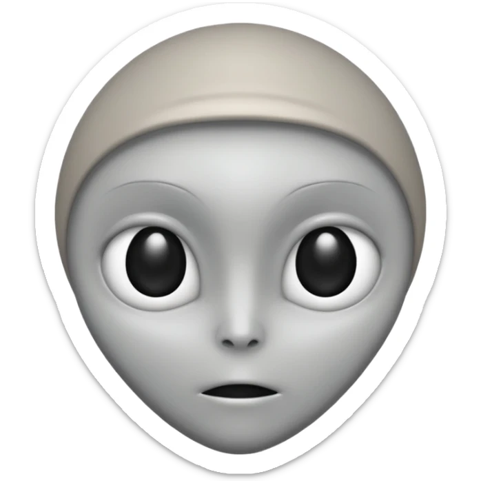 Grey alien head, almond-shaped black eyes, pale grey skin, cartoon emoji, no background sticker