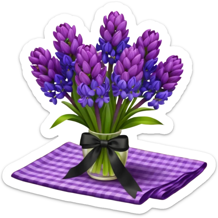 A lush bouquet of bright prple color Hyacinths black satin ribbon, resting on an antique wooden table, with a pale yellow and pink plaid pattern table cloth sticker