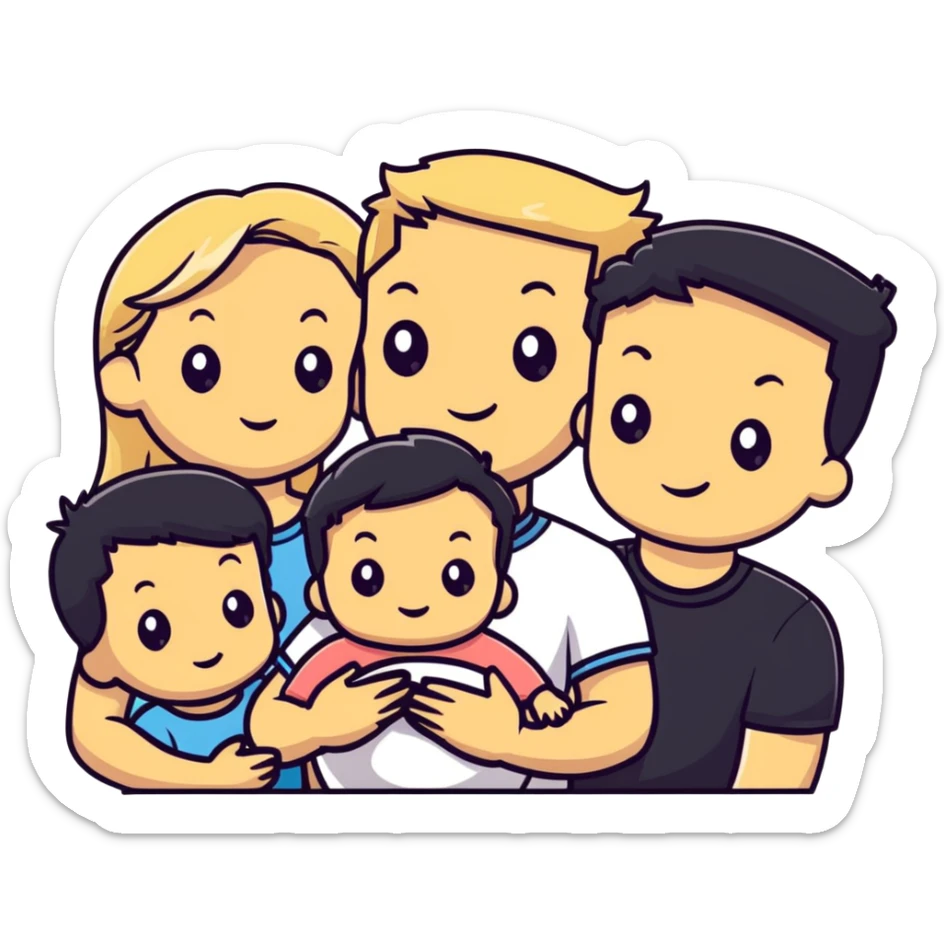 family with blond dad, brunette mom, blonde son, daughter with black hair, and a baby sticker