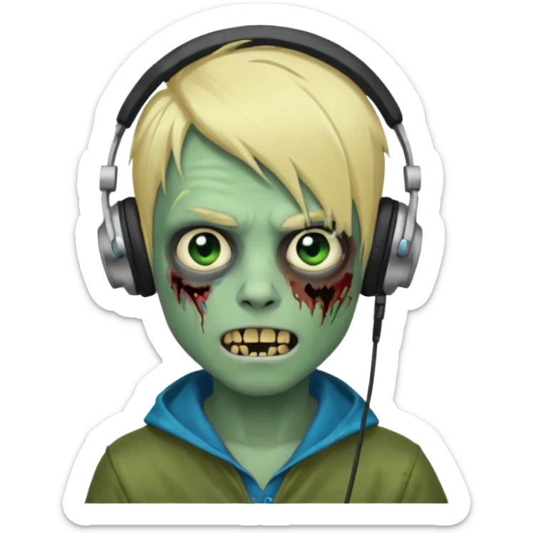 boy zombie whit blonde emo hair and eyes blue and GREEN SKIN and heandphones AND A MICROFONE and gold teeth sticker