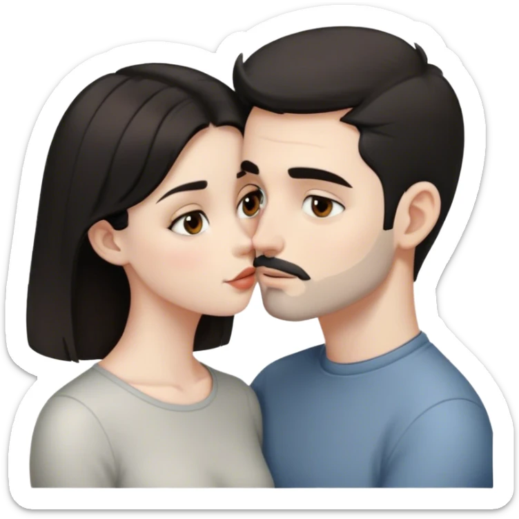 beautiful pale brunette girl with brown eyes kisses pale man short black hair tiny beard grey eyes sticker