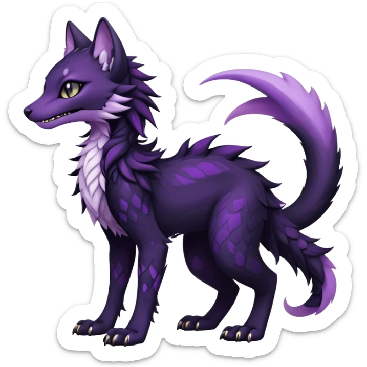 Kawaii dark black purplish blackish edgy fantasy ethereal feline-vernid-sergal-fursona animal creature with a tufted tail full body with intricate markings  sticker