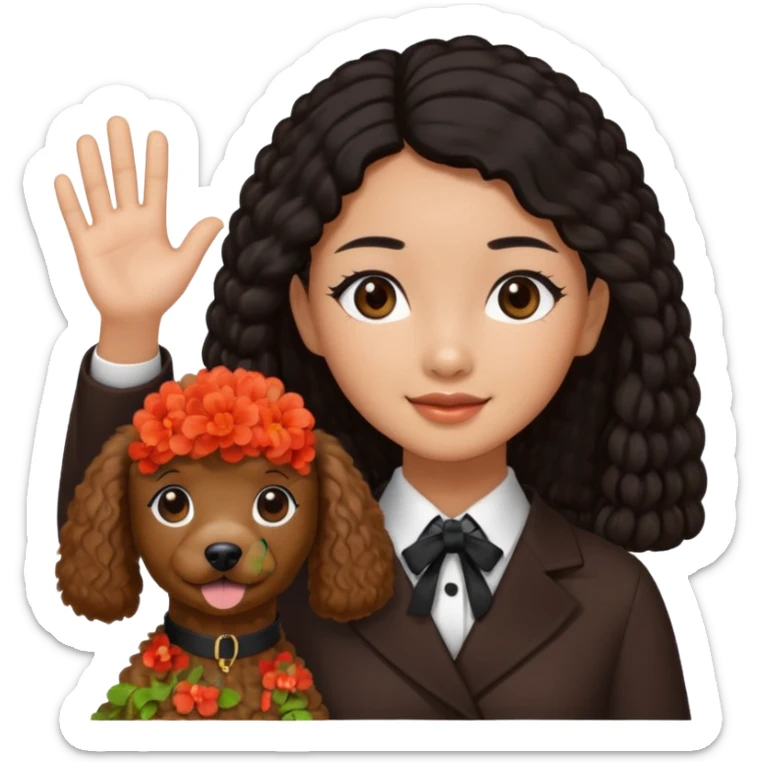 Asia tie up hair girl with brown poodle say good bye sticker