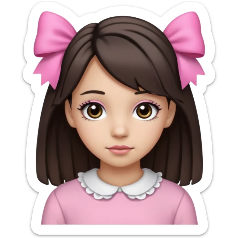 a 13 year old girl with black and brown hair with blond highlights. pink bows and pink outfit with long eyelashes and black eyes sticker