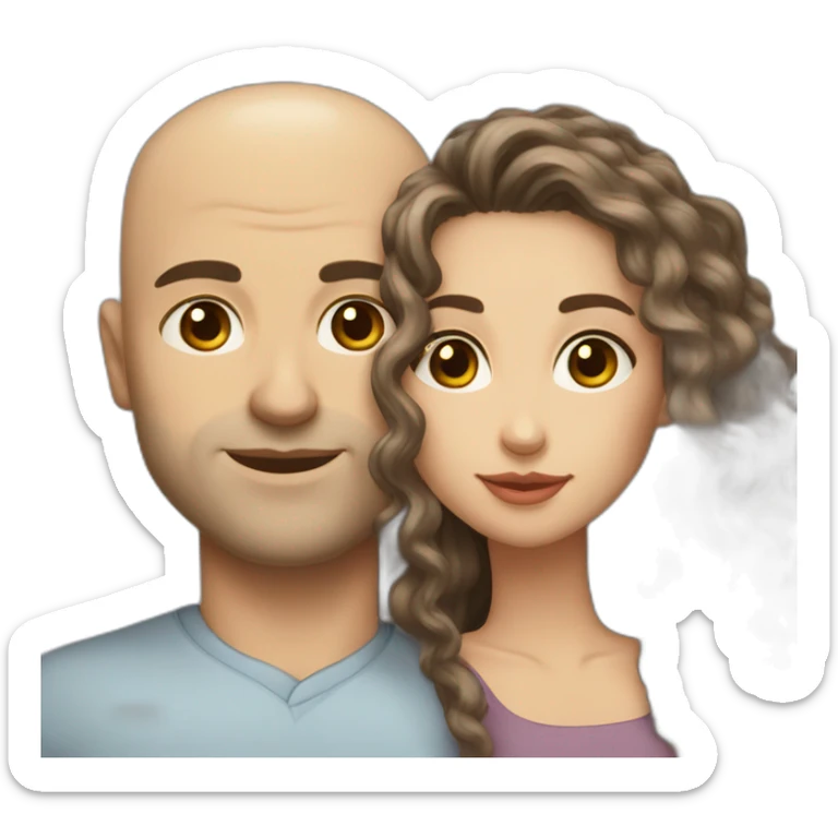 caucasian bald man with grey eyes and a caucasian woman with long curly dark hair and brown eyes kissing sticker