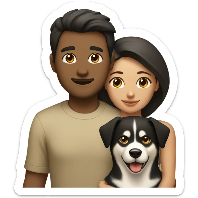 A couple man and woman Both have dark hair, with in the middle of them. A Husky. Golden beige sticker
