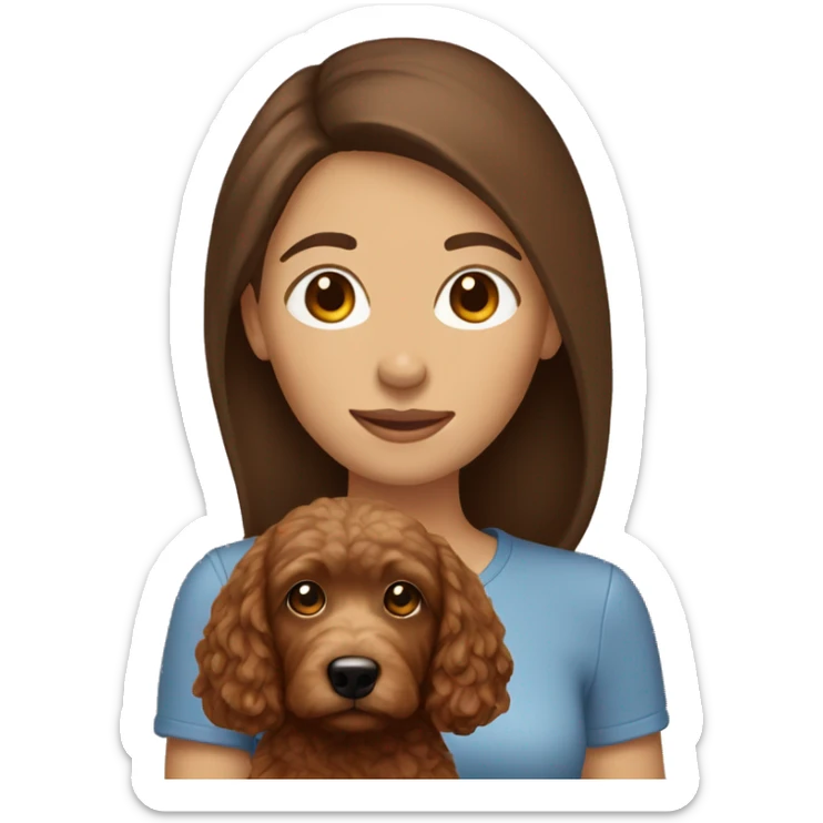 woman with straight brown hair holding a brown mini golden doodle sticker