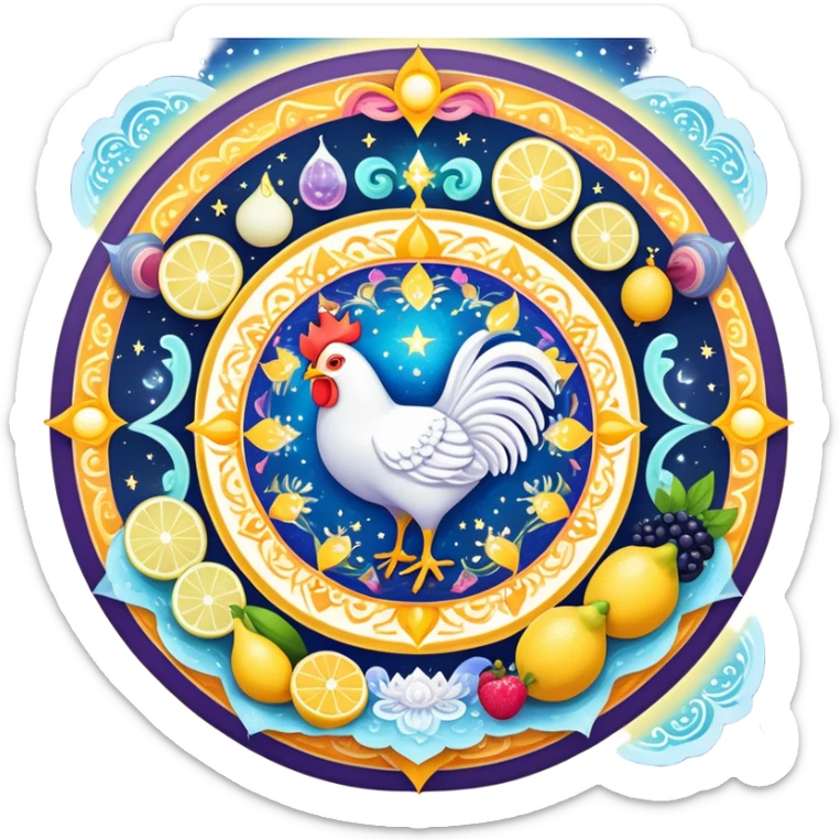 Celestial fitness mandala with magical water and lemon at center, surrounded by orbiting enchanted elements: radiant sun, glowing chicken and rice, sparkling gym weights, ethereal yogurt, twinkling fruits, and mystical sleep moon, all connected by cosmic energy flows and starry aura sticker