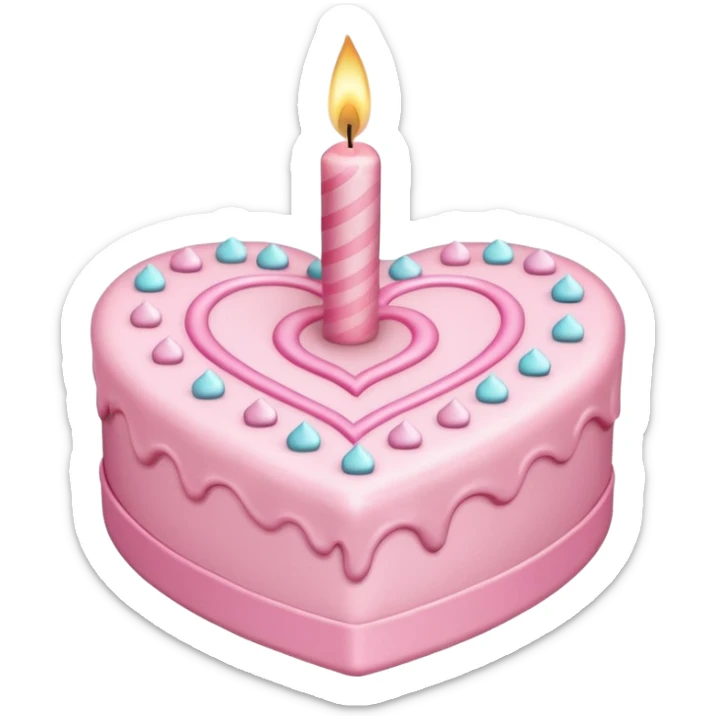 heart shaped birthday cake, pastel pink color, with one candle, cute design, sparkles sticker