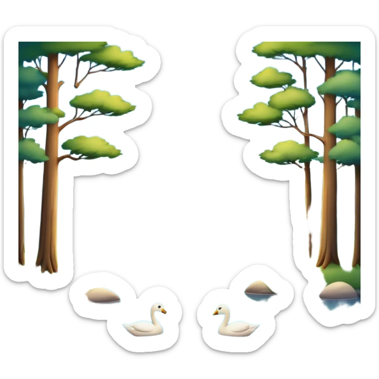 Cinematic Realistic Lake Emoji, Calm and reflective, with clear blue waters mirroring the surrounding landscape, framed by tall trees and grassy shores. The sunlight sparkles on the water’s surface while birds and animals play at the edge. Soft glowing outline, capturing the essence of peaceful serenity in a tranquil lake. sticker