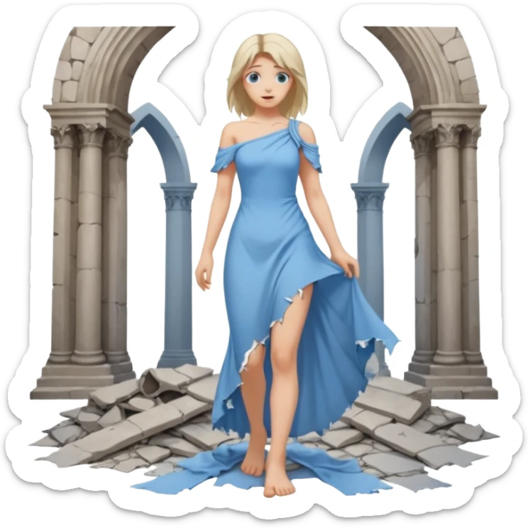 Female figure standing barefoot in ruined cathedral, dress slipping from shoulder sticker
