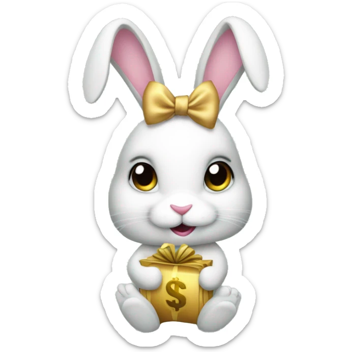 a bunny with lots of money in her hand with a BOW in her hair sticker
