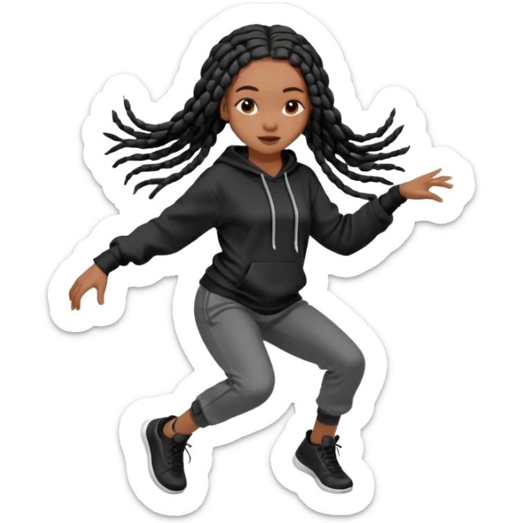 African American girls with long black box braids wearing plain black hoodie with hands dancing sticker