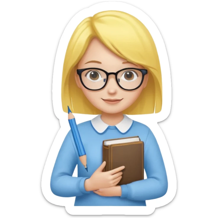 A smart and cute girl with yellow bobbed hair, wearing sky blue clothes,
I hold a book in one arm. There is a pen in the book.
He is wearing black-rimmed glasses and smiling brightly. sticker