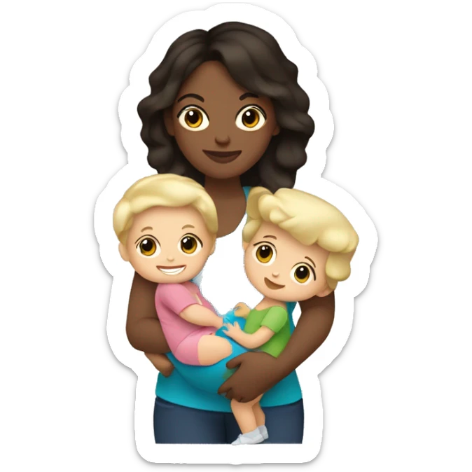 Brunette plus size mom, holding young blond boy and 18 month old blonde baby girl sticker