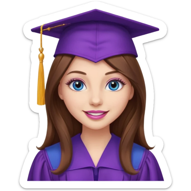 girl with gorgeous long brown hair, blue eyes, long lashes makeup, sexy pink lips, wearing a purple graduation cap and gown sticker
