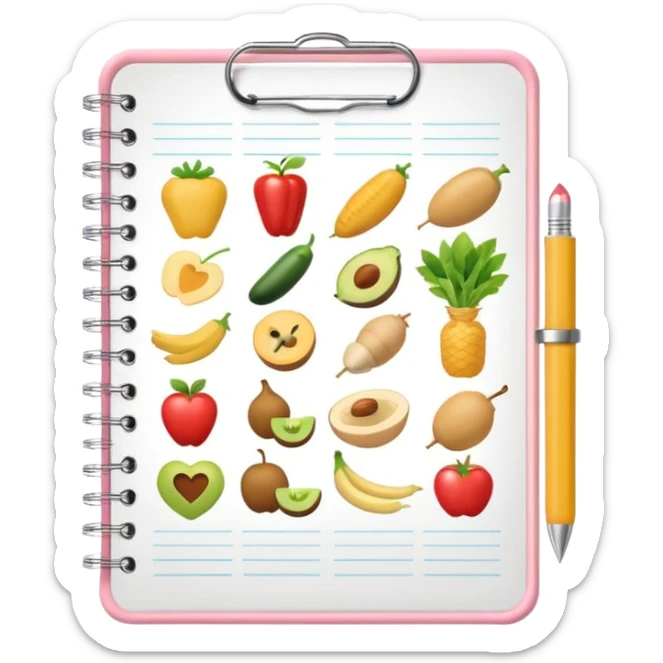 Emoji of checklist notebook with healthy food icons, nutrition planning, flat minimal emoji, pastel colors sticker