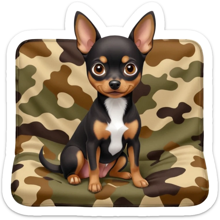 Miniature Pinscher Chihuahua mix dog with a dark coat sitting on a camouflage blanket, cute and expressive sticker