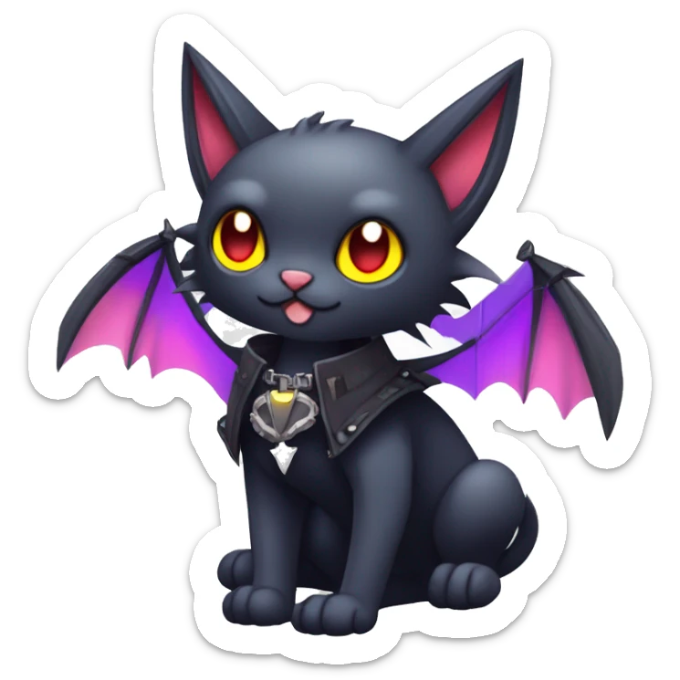  cool edgy kawaii ethereal dark-punk-themed animal vampiric cat-hybrid Fakemon with fangs and bat-wing-ears with a collar full body sticker