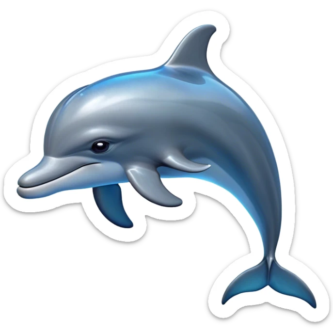 Cinematic Noble Bottlenose Dolphin Portrait Emoji, Poised and regal, with a sleek, streamlined body of shiny, glossy blue-gray skin, expressive, intelligent eyes, and a gracefully arched dorsal fin, Simplified yet sharp and sophisticated features, highly detailed, glowing with a radiant, sparkling aquatic glow, high shine, intelligent and majestic, stylized with an air of oceanic refinement, focused and elegant, soft glowing outline, capturing the essence of a watchful and confident dolphin that appears ready to leap out of the screen with effortless power! sticker