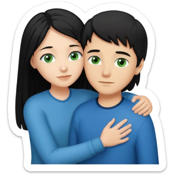 Make a couple hugging the girl is white with long black hair with blue eyes. The girl is hugging a boy with light brown short hair with green eyes. sticker