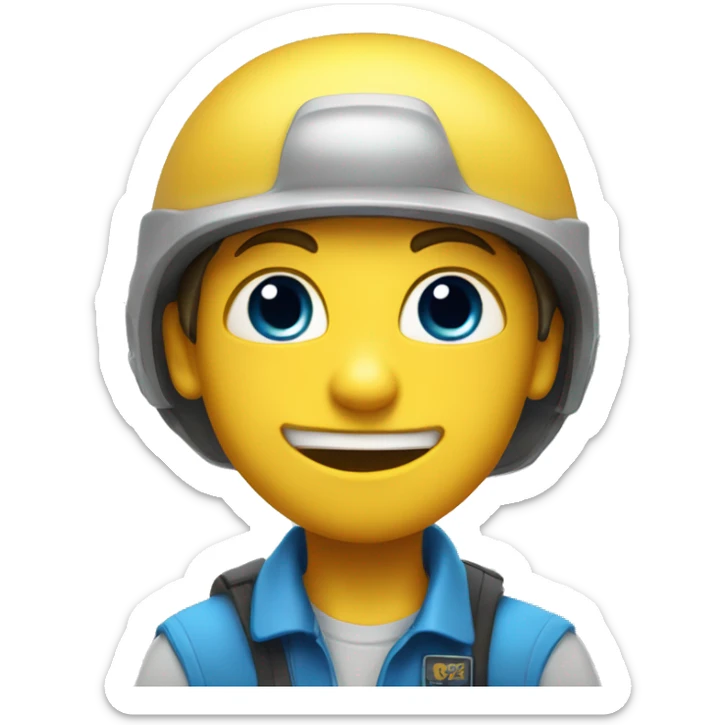 Boy with buck teeth, a blue helmet, blue eyes, a pencil in his nose, and a yellow shirt that say Jeffy sticker