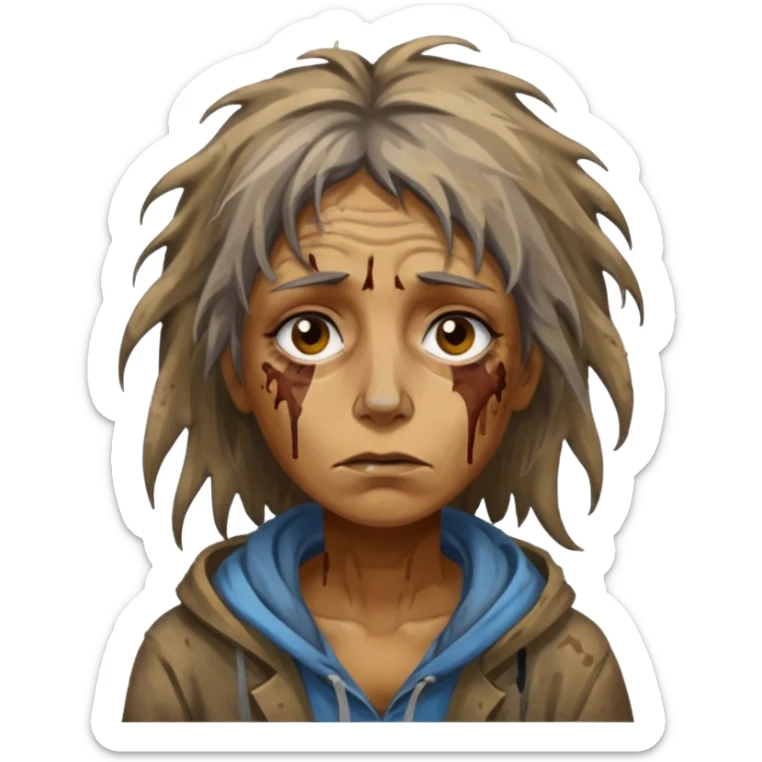 very dirty looking homeless woman very very dirty and smelly looking face only, not old with stains everywhere and messy hair and lots of stains on face ugly sticker