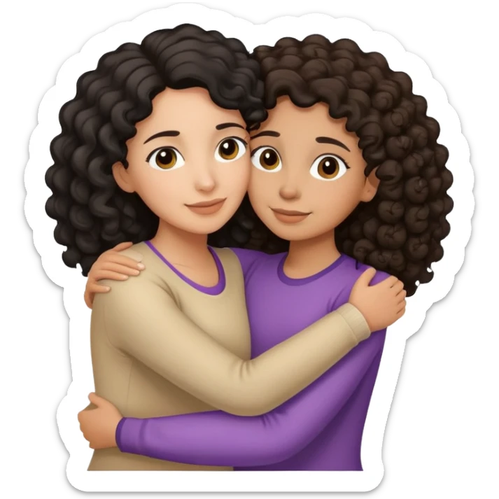 Hispanic mother with curly black hair hugging daughter with straight brown hair hugging sticker