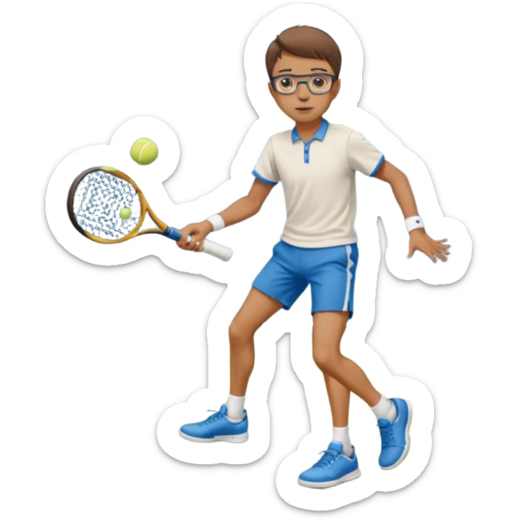 homme l'air cool taille moyenne corpulence maigre cheveux chatain court yeux bleus lunettes photo de pieds en pantalon qui fait du tennis sticker