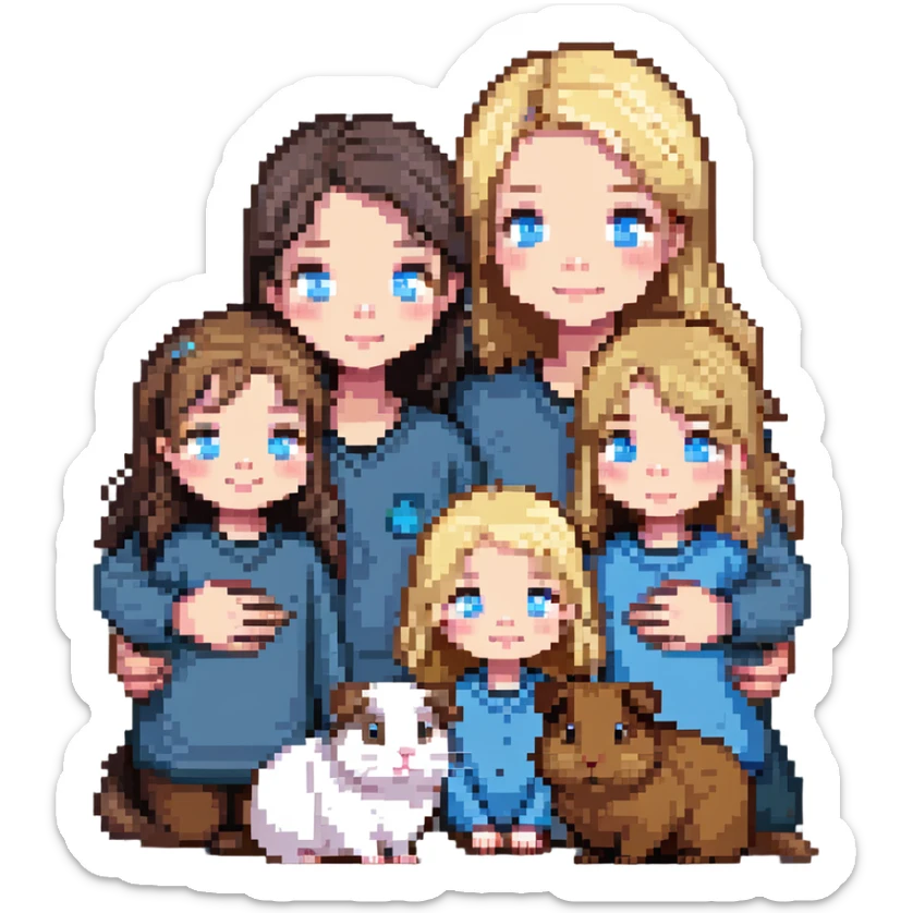 Family portrait with father with dark brown hair and blue eyes, mother with light brown hair and blue eyes, three blonde little girls with blue eyes, plus a grey cat and two guinea pigs sticker