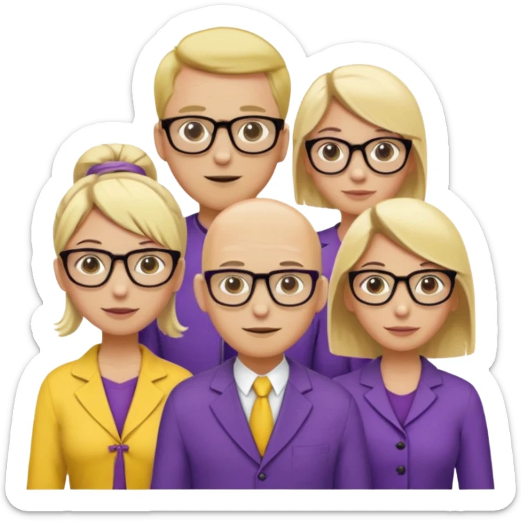 FIVE person team; 2 men and 3 women.  All dressed in yellow or purple.  2 caucasian women have blonde and 1 has ash blonde hair tied up.  1 man is black and bald, 1 man is caucasian and very little hair left.  All have glasses sticker