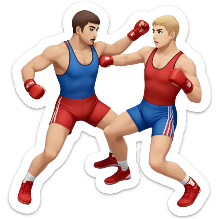 Two Sambo fighters in blue and red gis with shorts and wrestling shoes, executing gripping and throwing techniques. The fighters are engaged in a dynamic, action-packed moment with no strikes. The background features a wrestling mat, focusing on the technique and control. Transparent background  sticker
