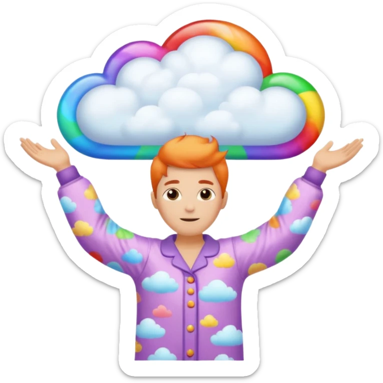 person in pajamas with arms wide, colorful dream cloud above head sticker