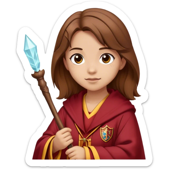 Girl with Girls Brown hair and a gryffindor Robe and a small wooden wand and light Skin sticker