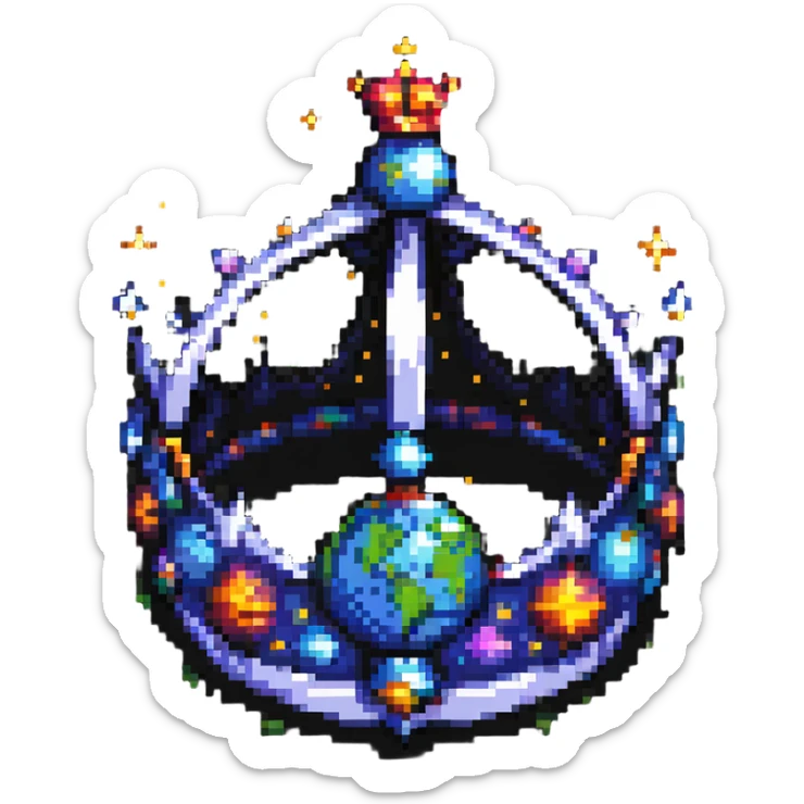 pixel art of a crown made out of stars and planets in space sticker