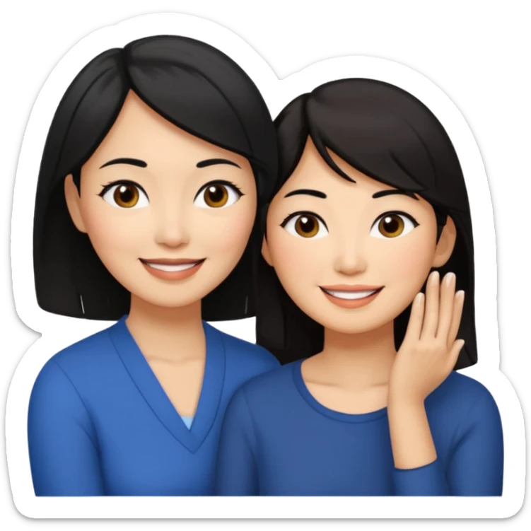Middle aged light brown skinned woman with black hair, beside a middle aged asian woman with dark brown hair touching their cheek sticker