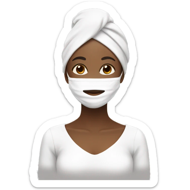 brown skin girl with white face mask in white towel with another white towel wrapped on her head closing her eyes and smiling sticker