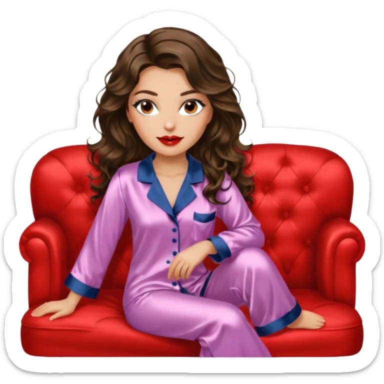 Woman with brunette hair light tanned skin reading on sofa. Long wavy hair. Beige ivory colours. Silk pyjamas. Realistic. Foxeye with lashes. Glamorous makeup sticker
